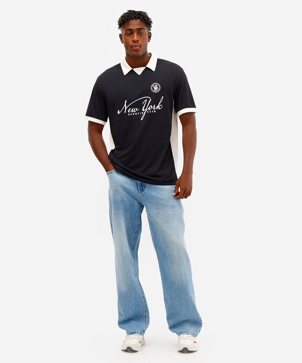camiseta retrô unissex com gola manga curta new york preta