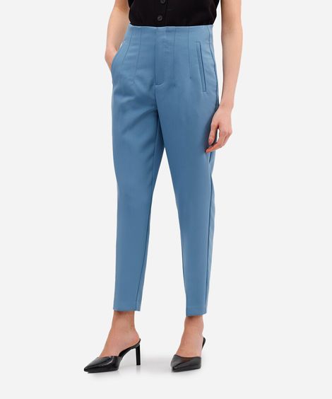calça alfaiataria cintura alta com pences - azul médio