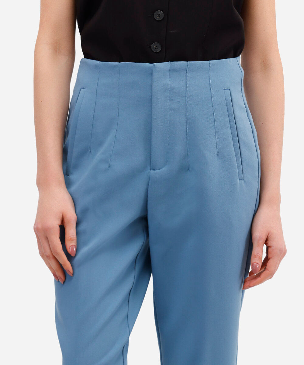 calça alfaiataria cintura alta com pences - azul médio