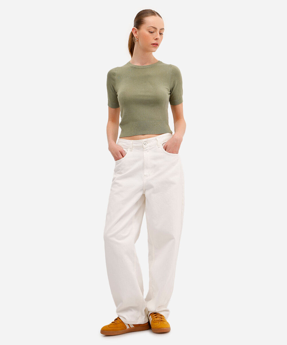blusa cropped feminina de tricot manga curta verde