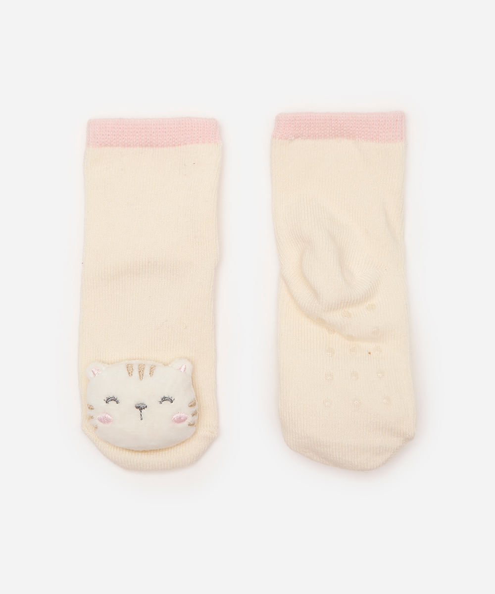 meia infantil cano médio gatinho off white