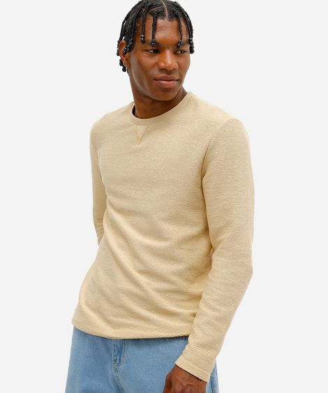 camiseta masculina manga longa texturizada bege
