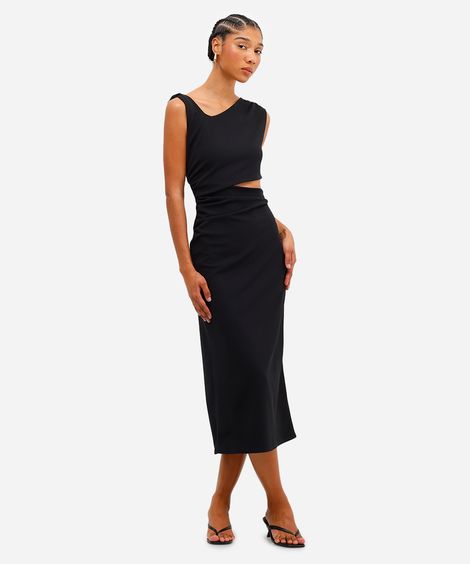 vestido midi feminino franzido com recorte preto