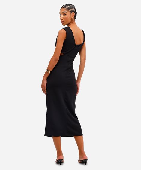 vestido midi feminino franzido com recorte preto