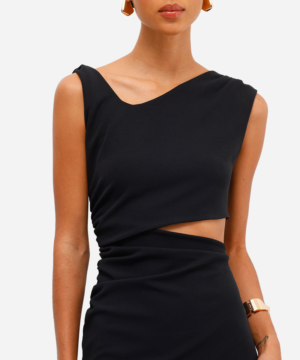 vestido midi feminino franzido com recorte preto