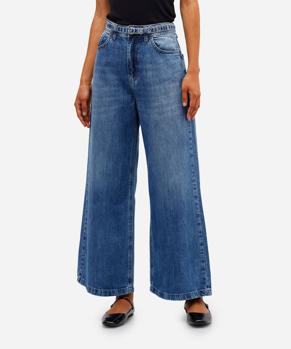 calça wide leg feminina jeans com cinto azul
