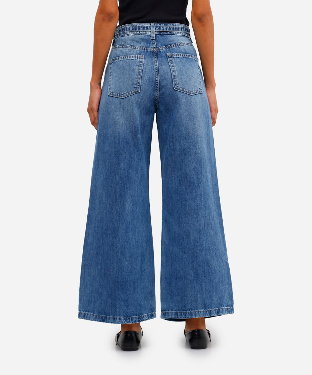 calça wide leg feminina jeans com cinto azul