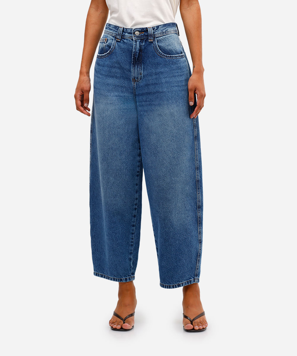 calça baggy feminina jeans cintura média azul