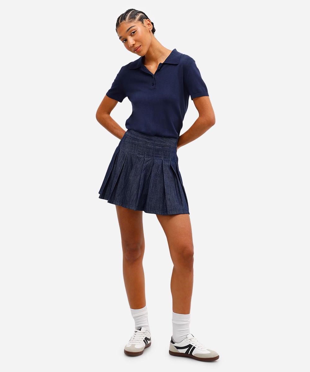 minissaia feminina jeans com pregas azul