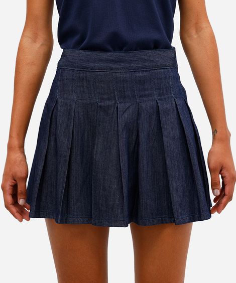 minissaia feminina jeans com pregas azul