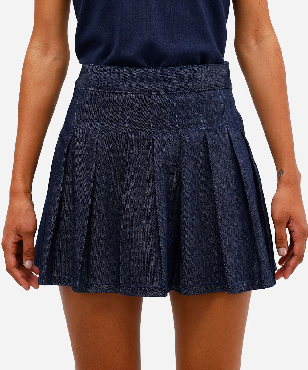 minissaia feminina jeans com pregas azul