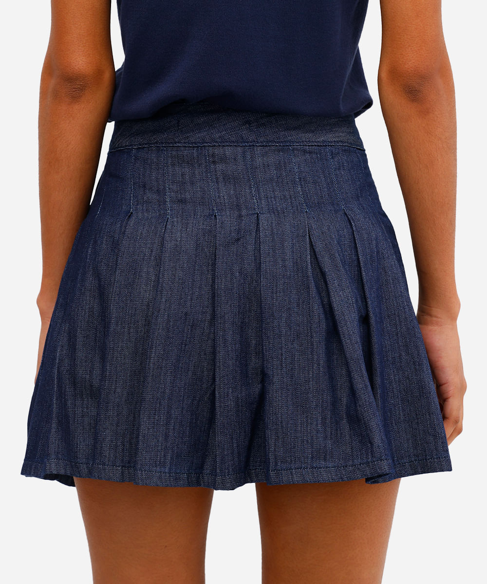 minissaia feminina jeans com pregas azul