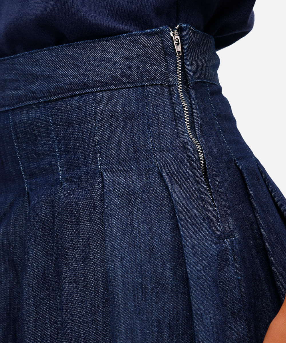 minissaia feminina jeans com pregas azul