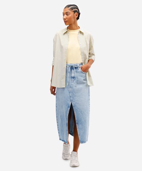 saia midi feminina jeans com fenda e cinto azul