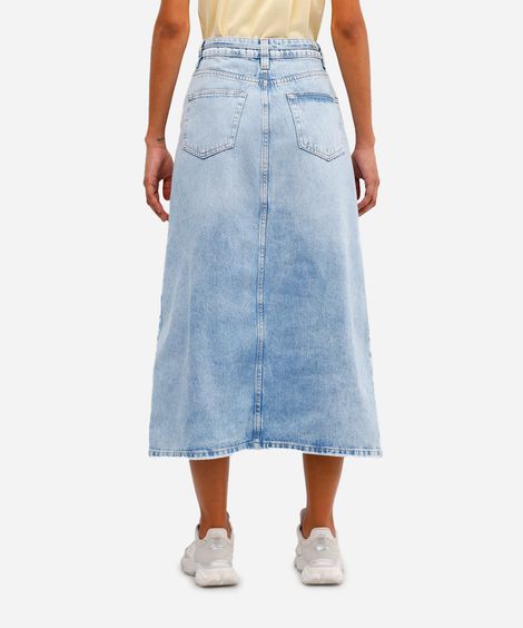 saia midi feminina jeans com fenda e cinto azul