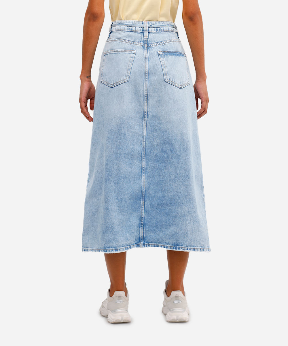 saia midi feminina jeans com fenda e cinto azul