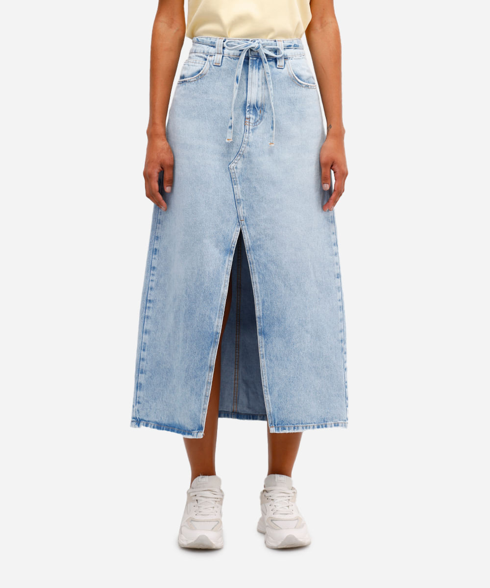 saia midi feminina jeans com fenda e cinto azul