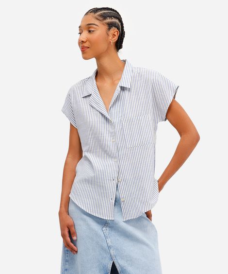 camisa feminina com viscose manga curta listrada azul