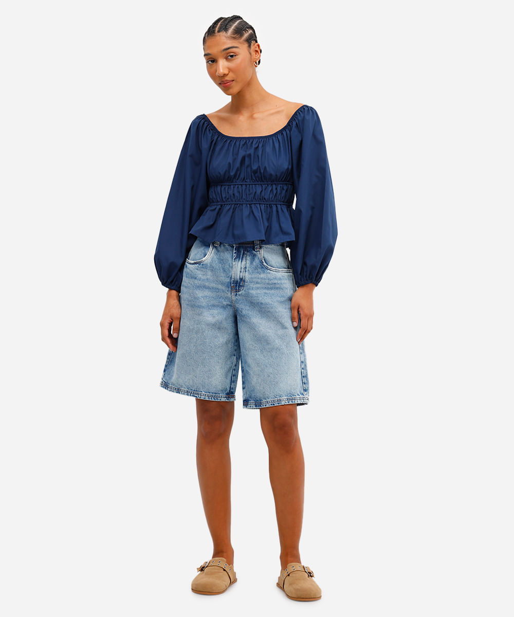 bermuda jorts feminina jeans cintura ajustável - jeans medio
