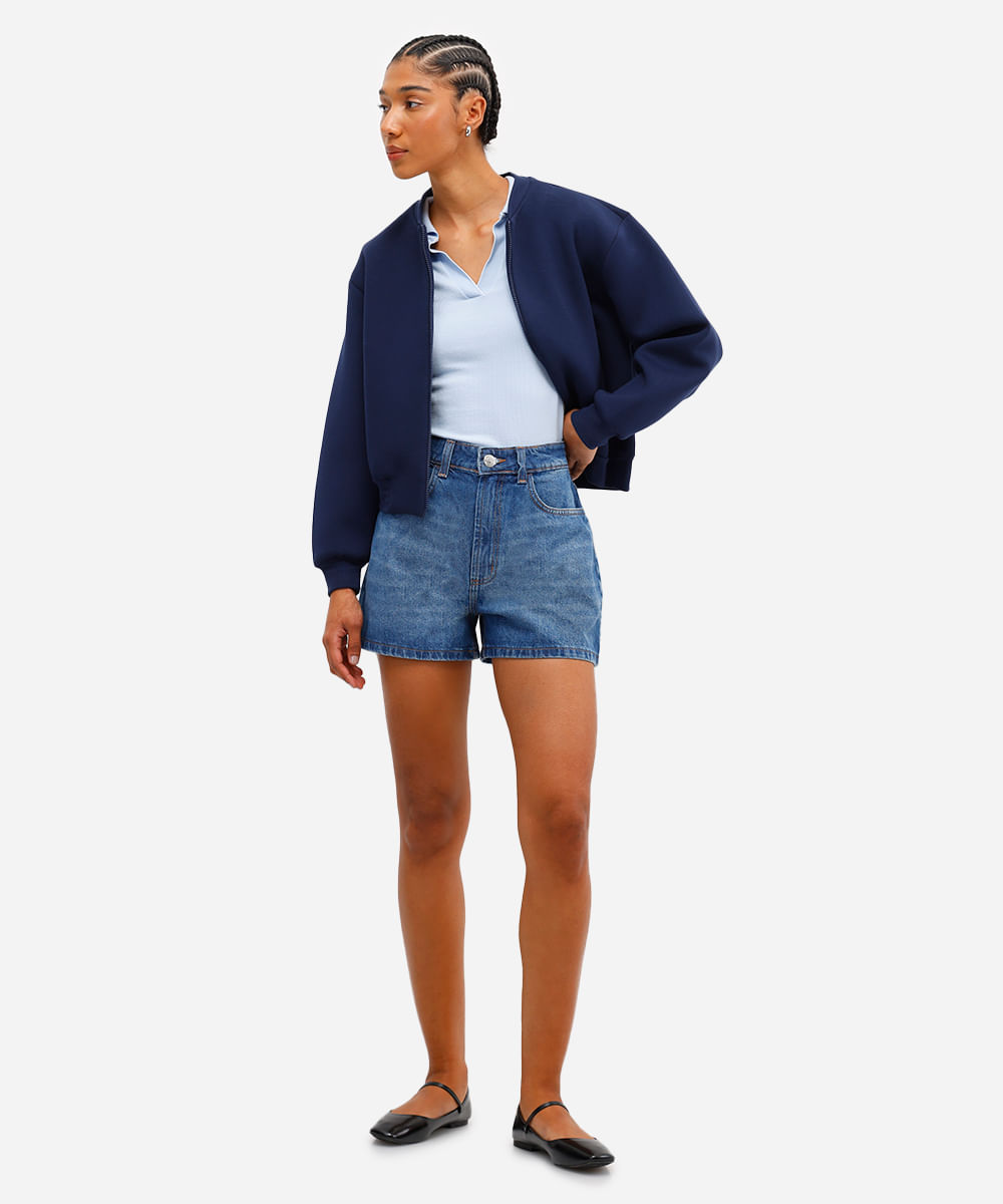 short feminino jeans cintura alta azul