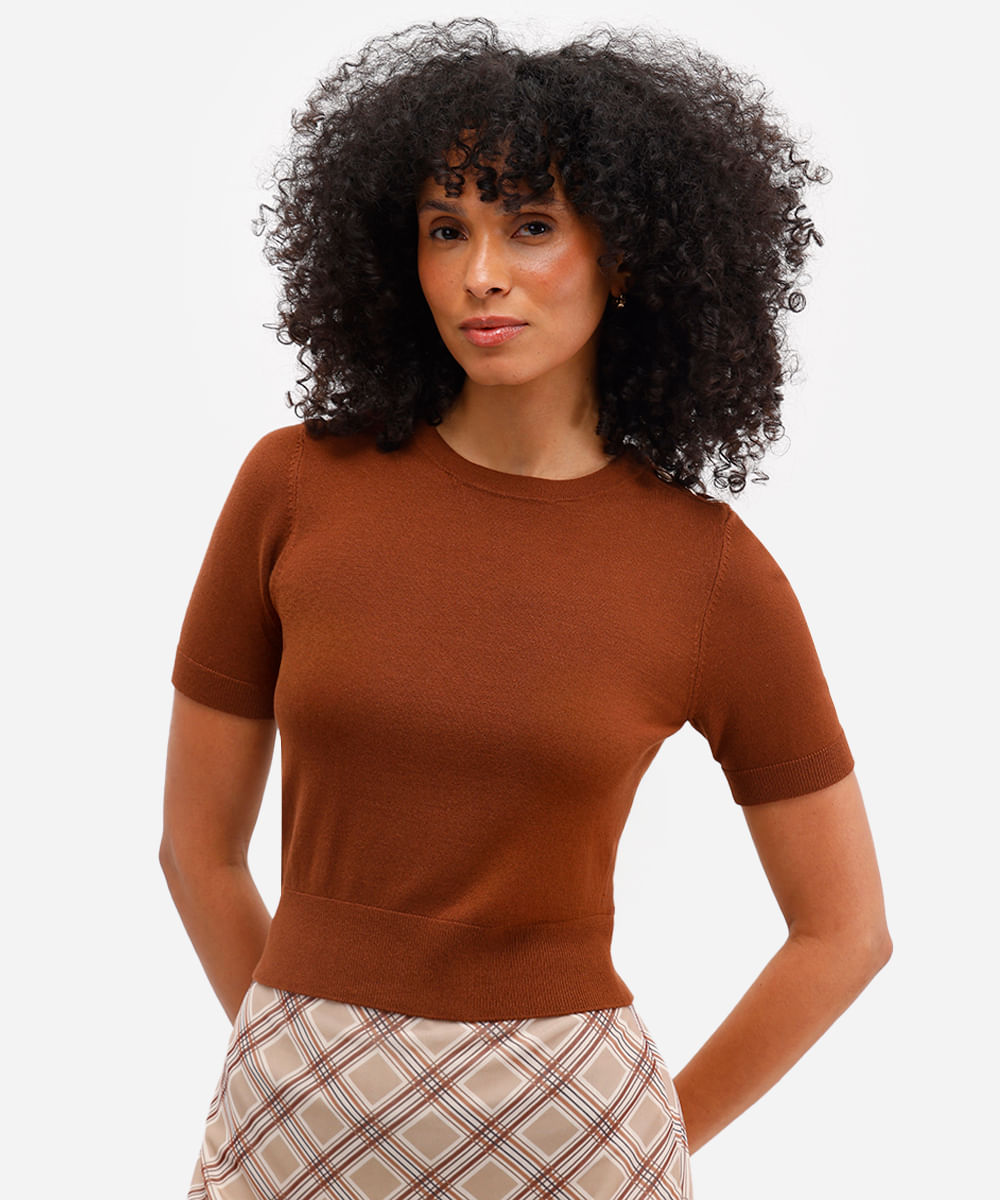blusa feminina de tricot com botões marrom