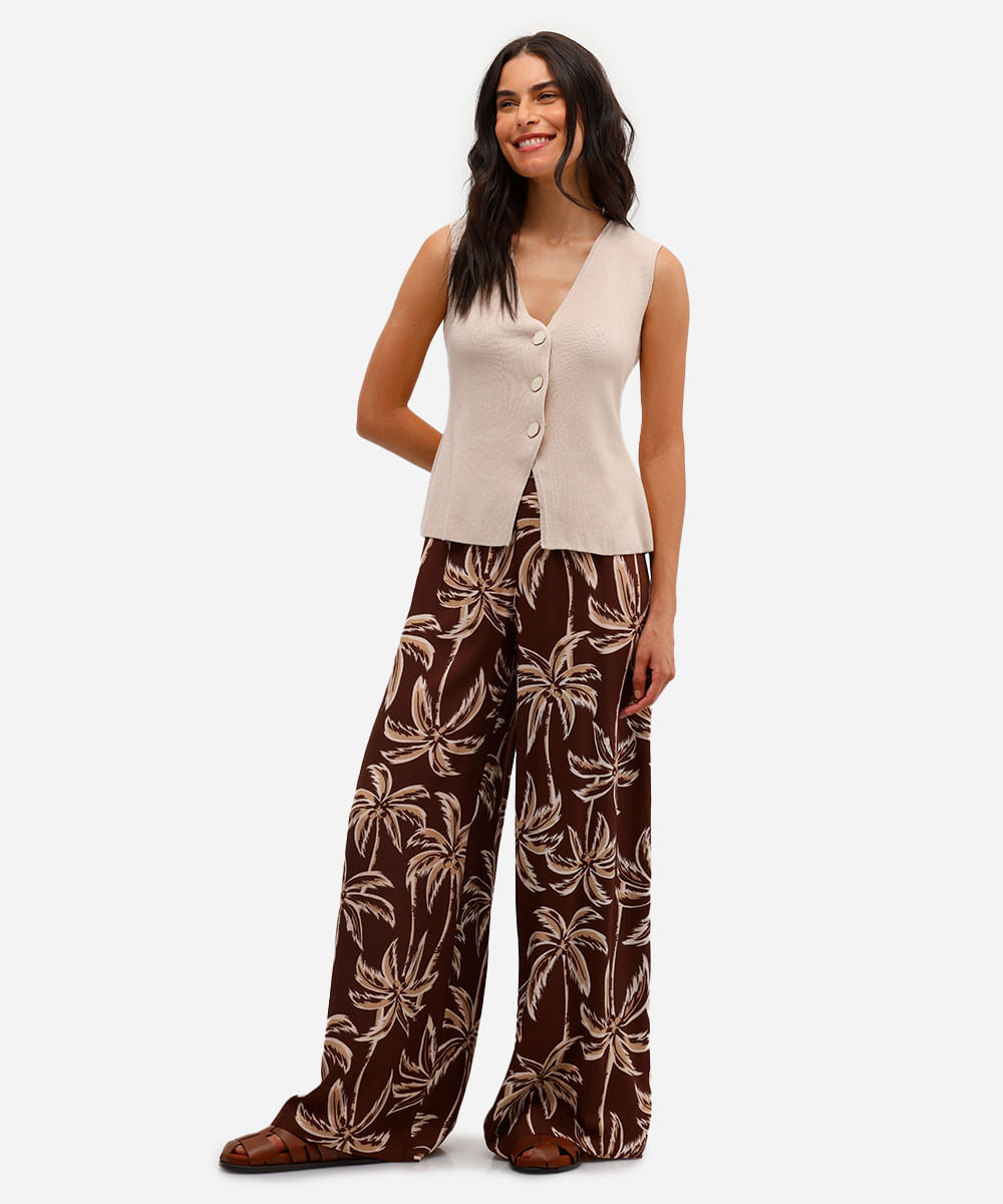 calça wide leg feminina de viscose folhagens marrom