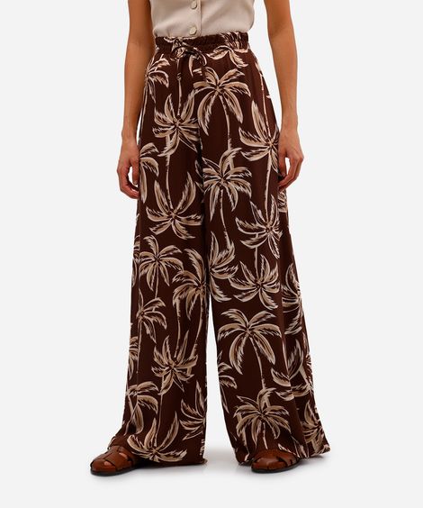 calça wide leg feminina de viscose folhagens marrom