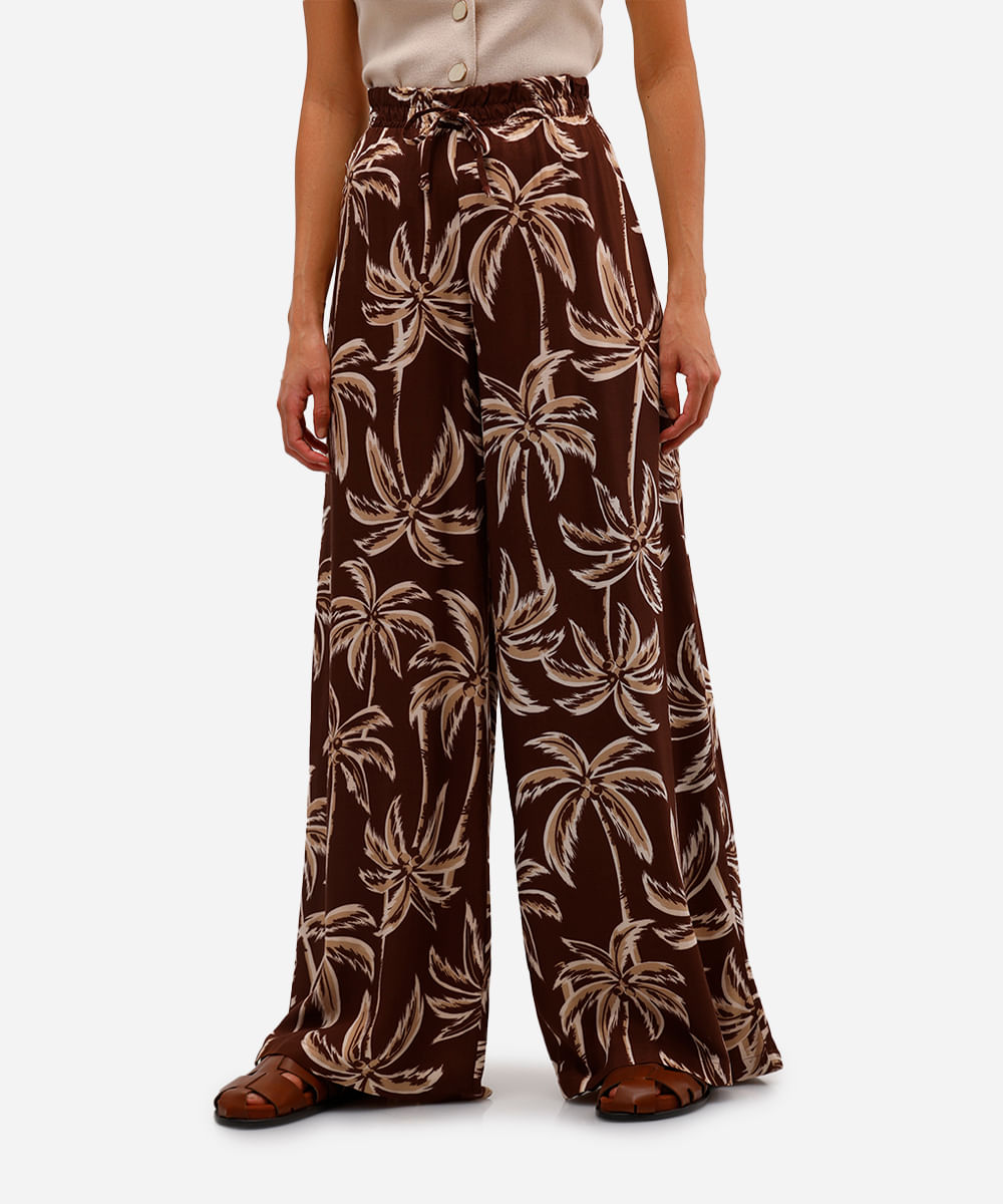 calça wide leg feminina de viscose folhagens marrom