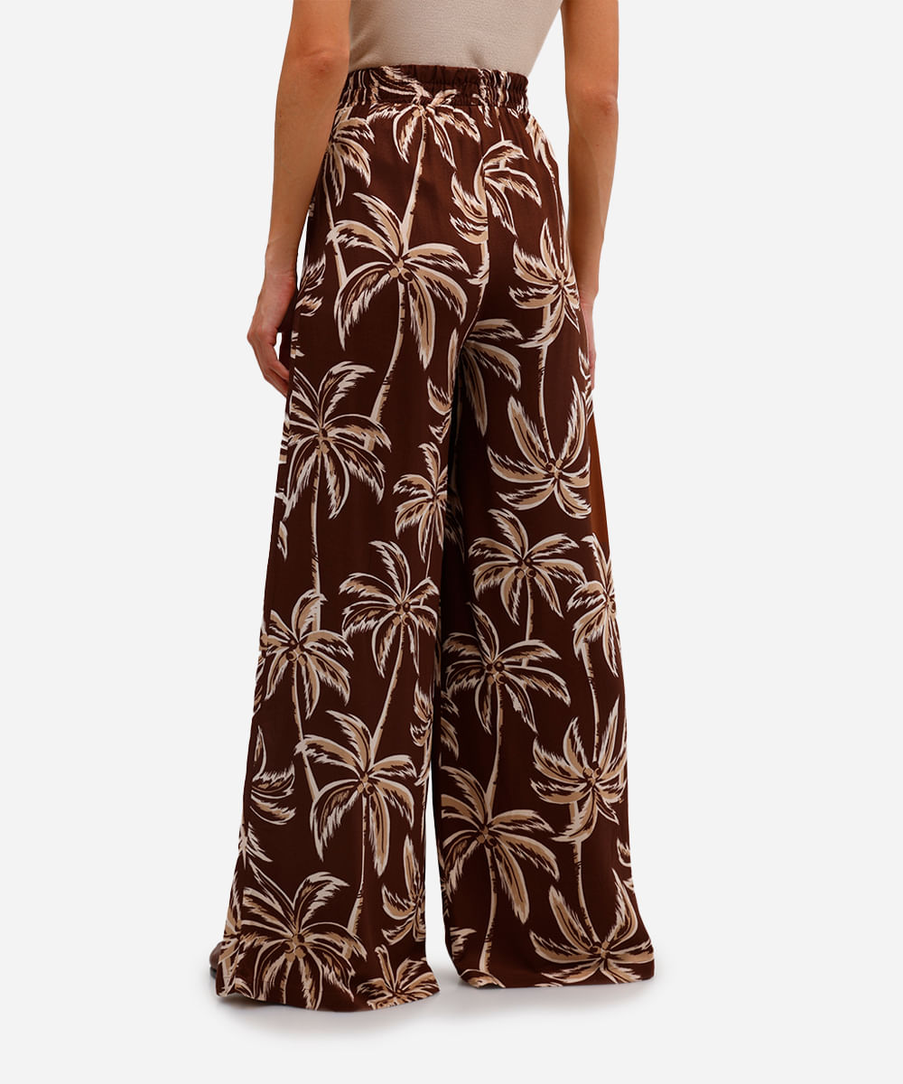 calça wide leg feminina de viscose folhagens marrom