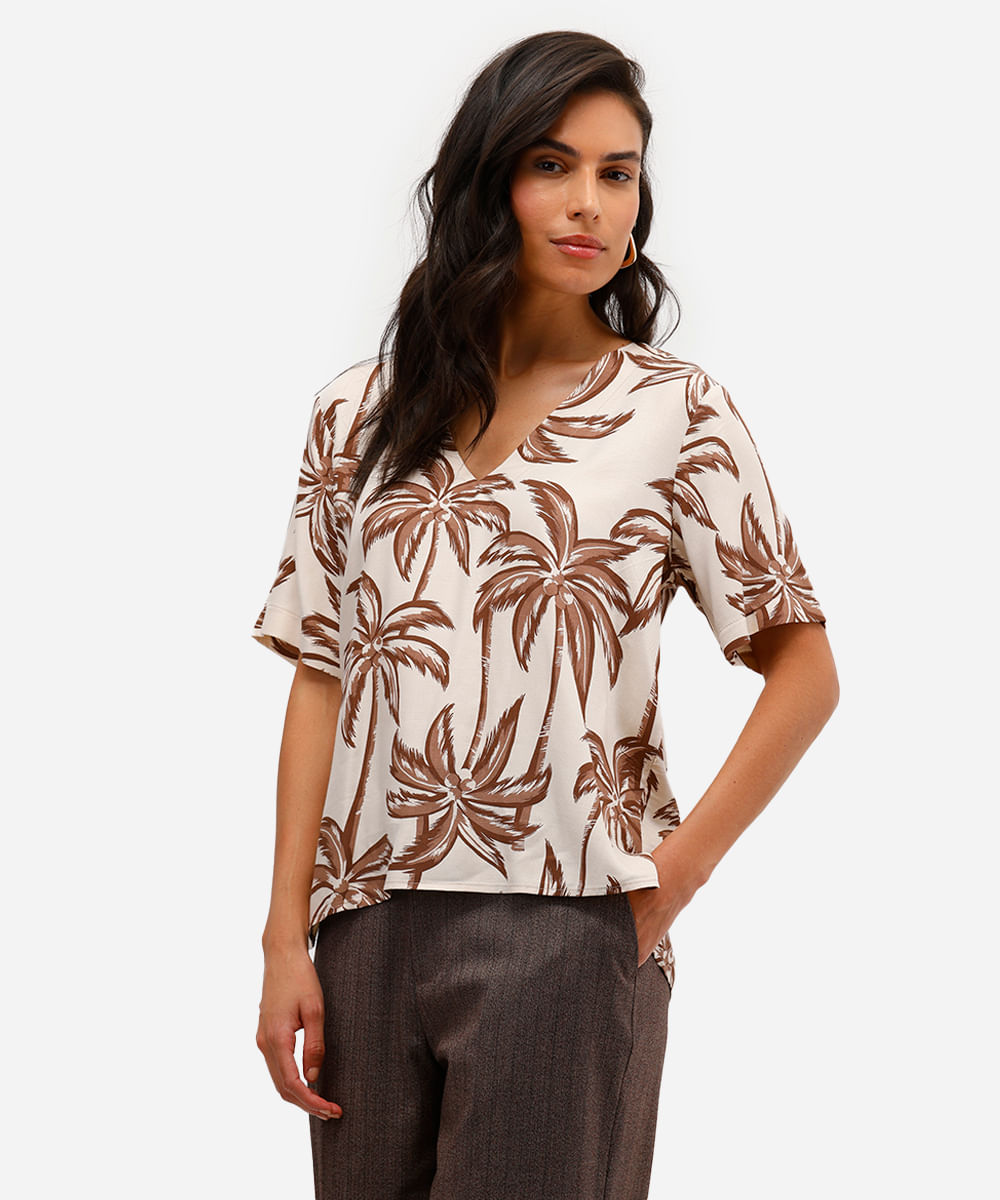 blusa feminina de viscose folhagens bege