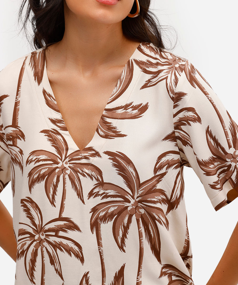 blusa feminina de viscose folhagens bege