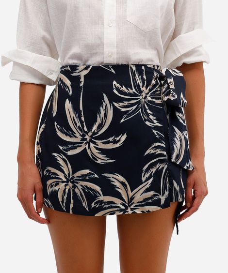 short saia feminino de viscose folhagens azul