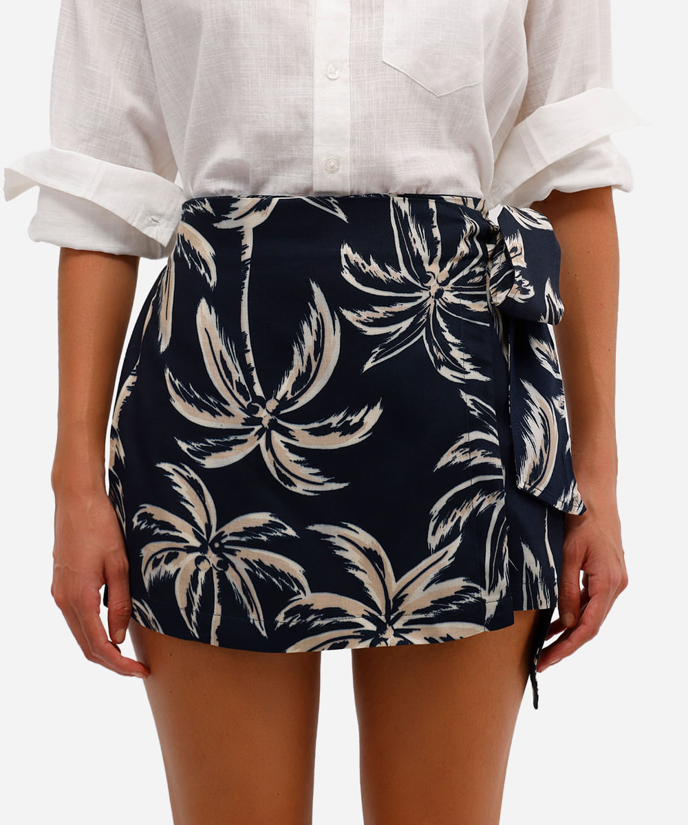 short saia feminino de viscose folhagens azul