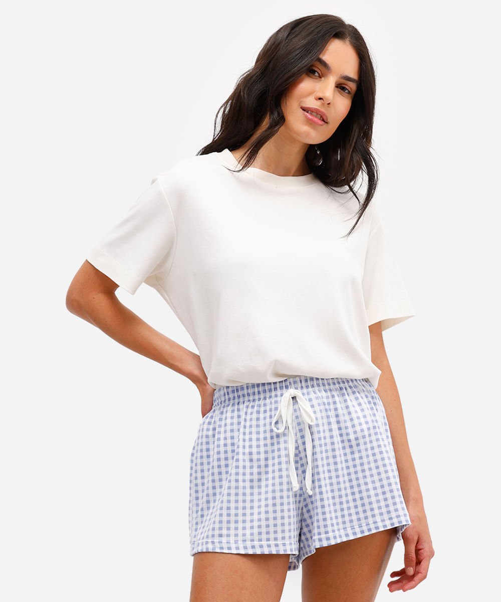 short de pijama avulso xadrez azul