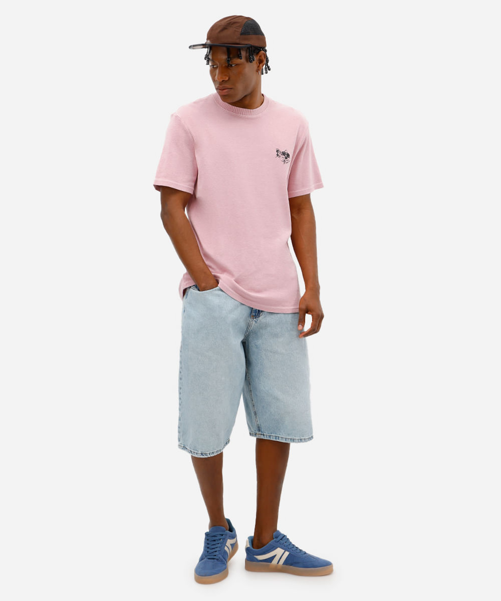 camiseta masculina de algodão floral estonada rosa