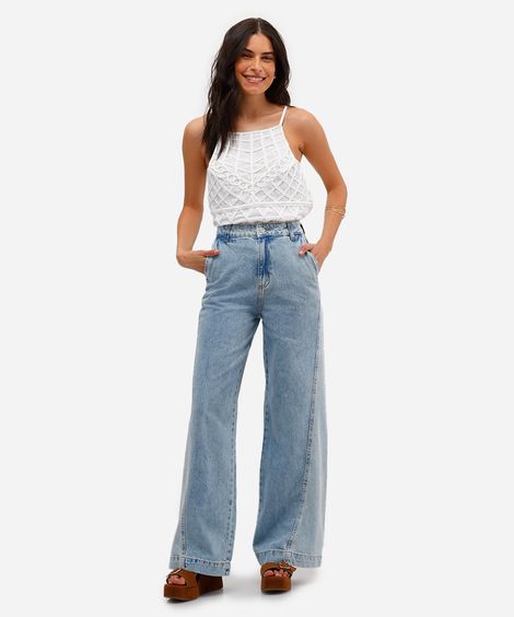 calça wide leg feminina jeans com recorte bicolor azul