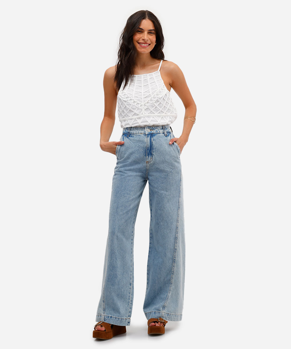 calça wide leg feminina jeans com recorte bicolor azul