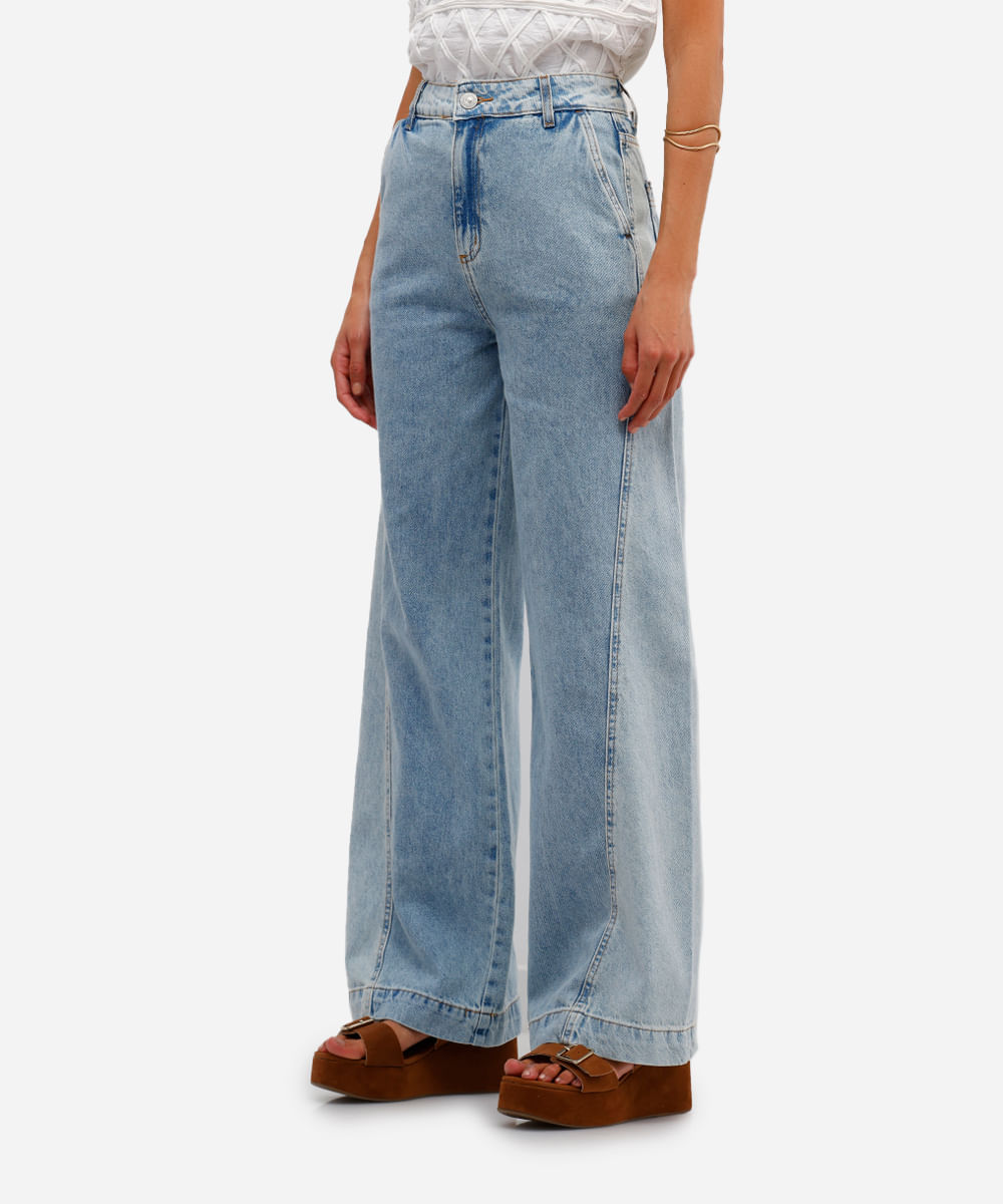 calça wide leg feminina jeans com recorte bicolor azul