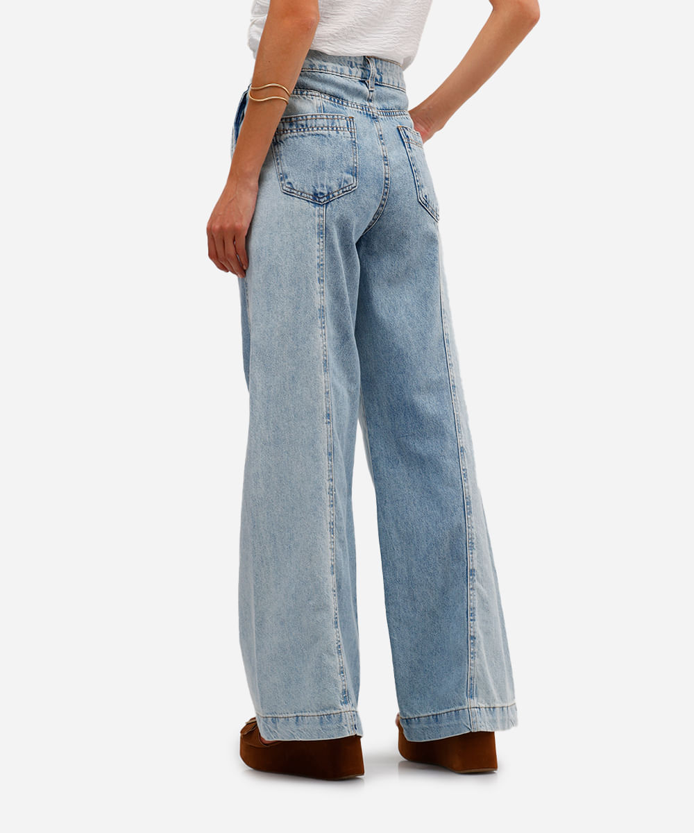 calça wide leg feminina jeans com recorte bicolor azul
