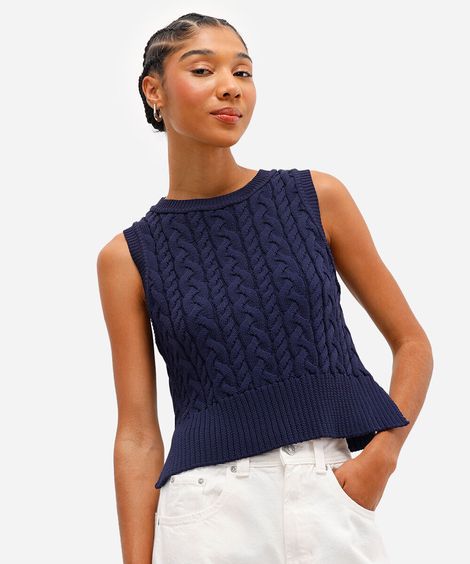 colete feminino de tricot texturizado azul