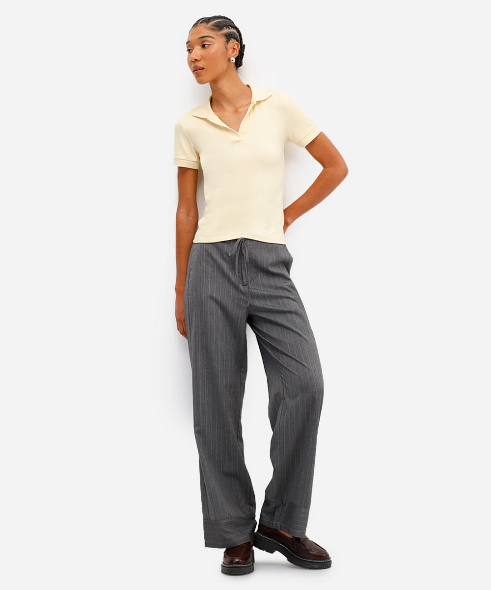 polo feminina manga curta canelada amarela