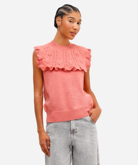 colete feminino de tricot com babados floral rosa