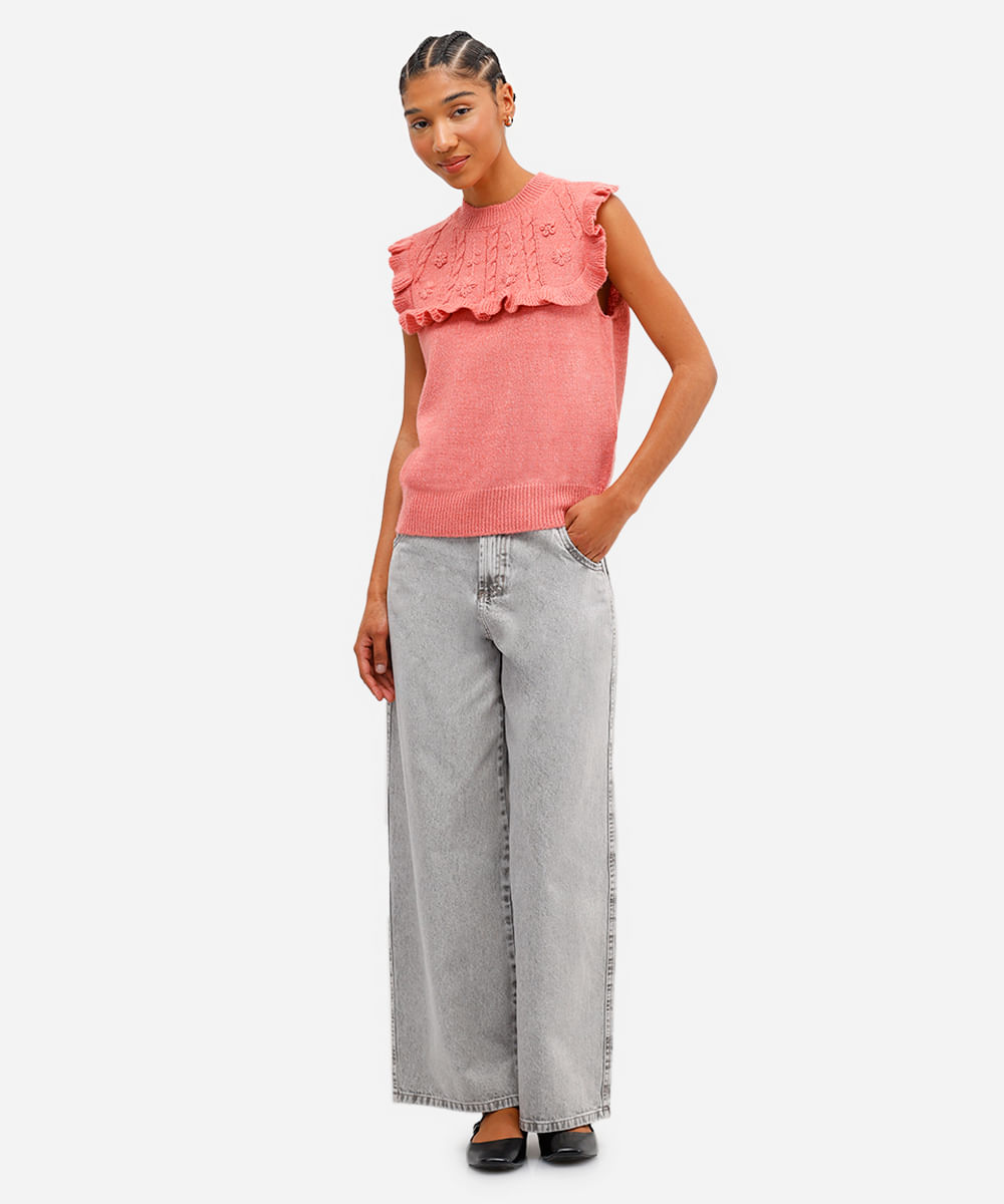 colete feminino de tricot com babados floral rosa