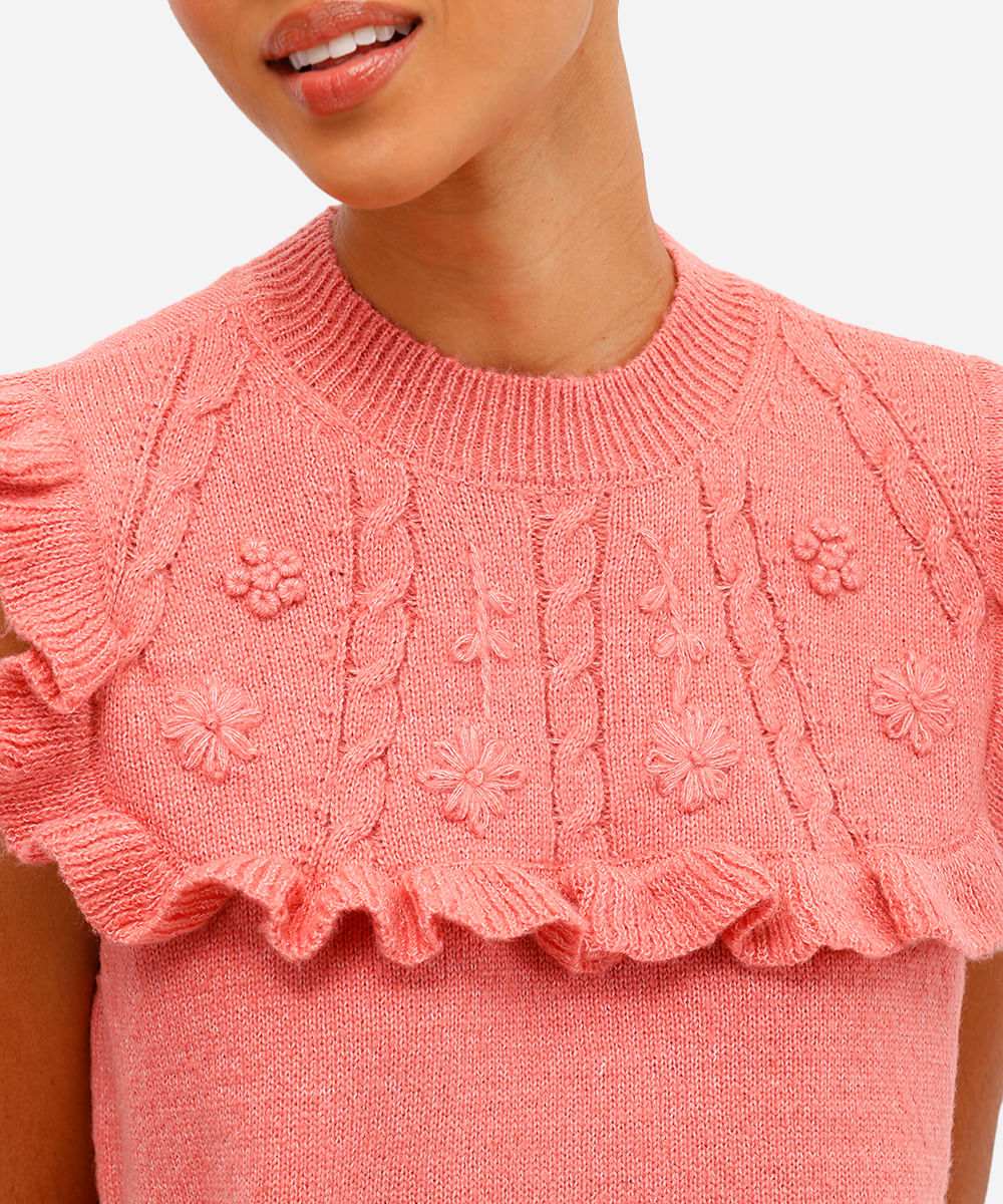 colete feminino de tricot com babados floral rosa