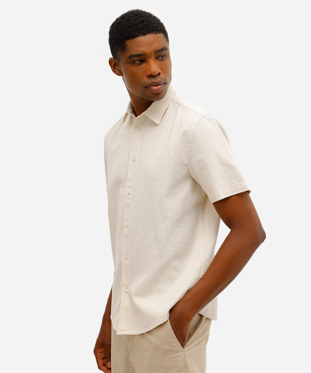 camisa comfort masculina texturizada manga curta bege