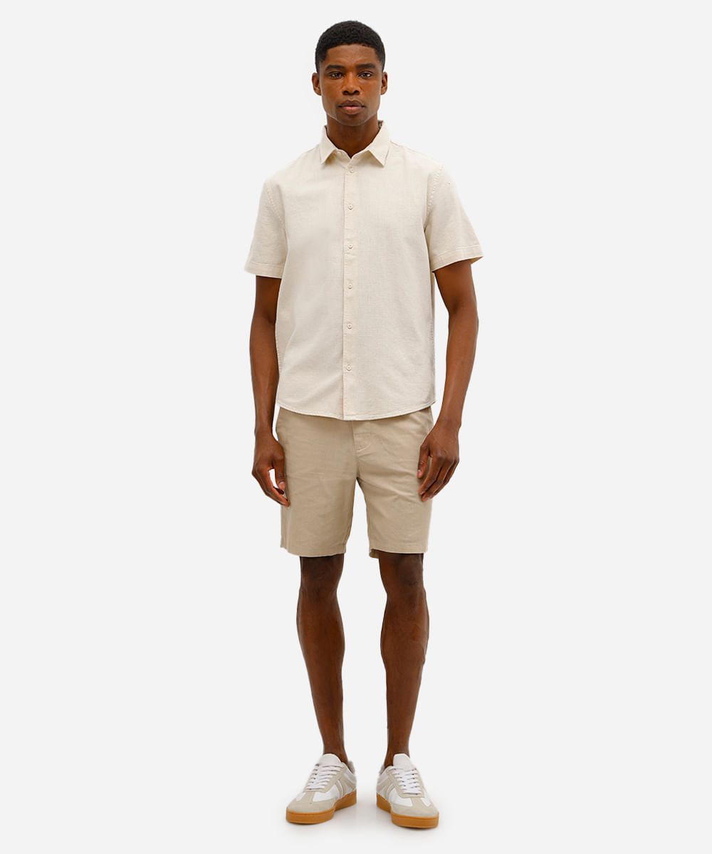 camisa comfort masculina texturizada manga curta bege