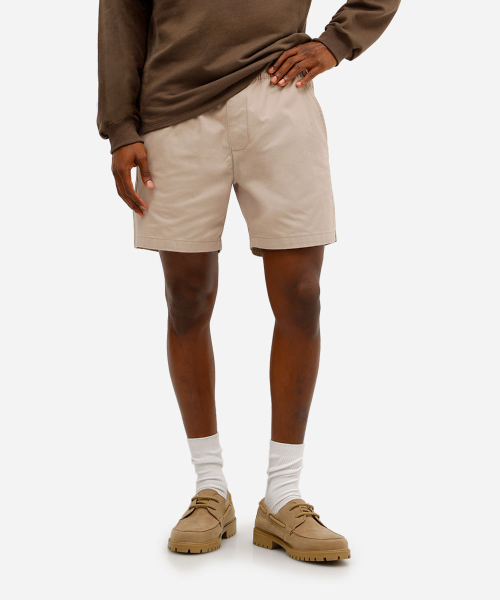 short masculino de sarja cós elástico bege