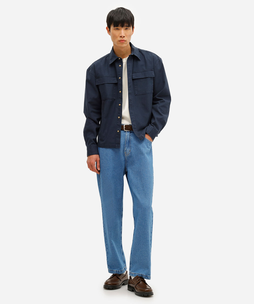 camisa overshirt masculina de sarja com bolsos estonada azul