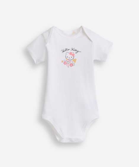 body infantil de algodão manga curta hello kitty off white