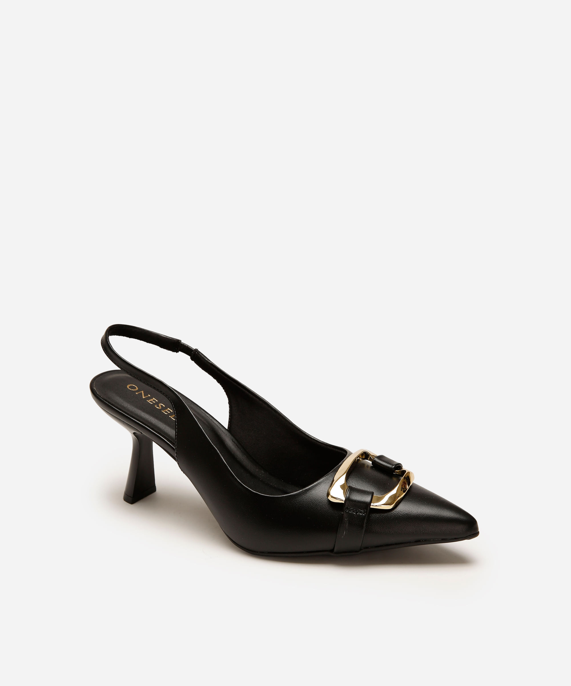 scarpin bico fino feminino com fivela oneself - preto